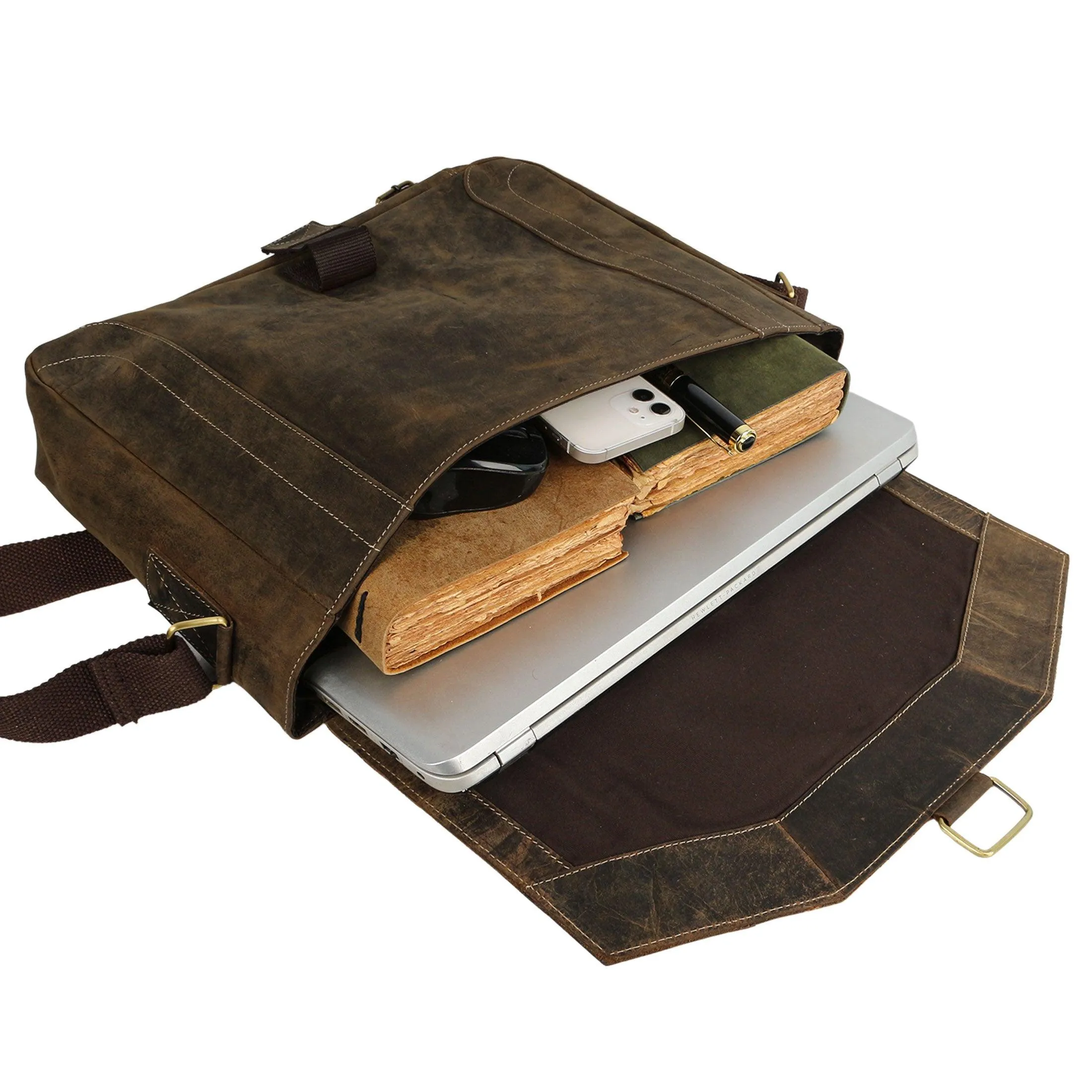 15-Inch Distressed Tan Leather Briefcase – Laptop Messenger Bag for Men & Women, Perfect Office, School, and College Satchel