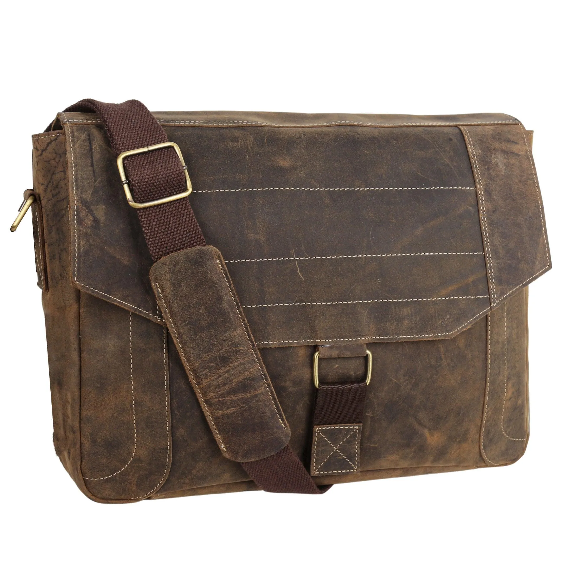 15-Inch Distressed Tan Leather Briefcase – Laptop Messenger Bag for Men & Women, Perfect Office, School, and College Satchel