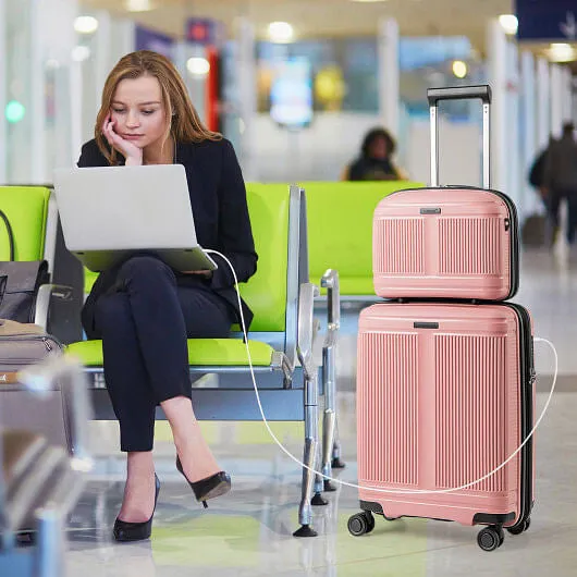 2-Piece Luggage Set 20 Inch Carry-on Suitcase and 14 Inch Cosmetic Case-Pink - C