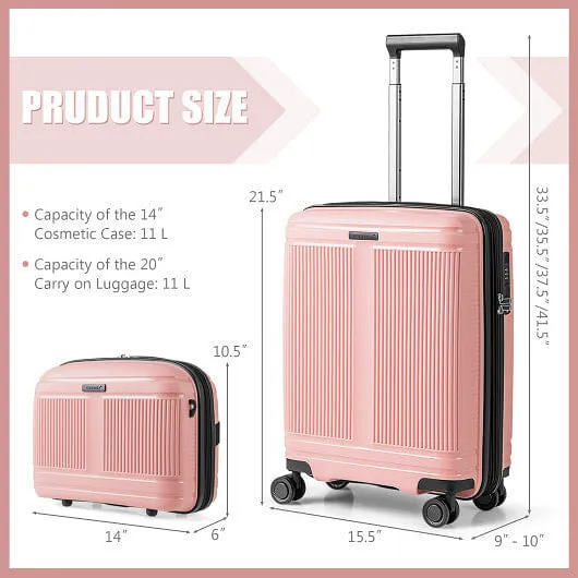2-Piece Luggage Set 20 Inch Carry-on Suitcase and 14 Inch Cosmetic Case-Pink - C