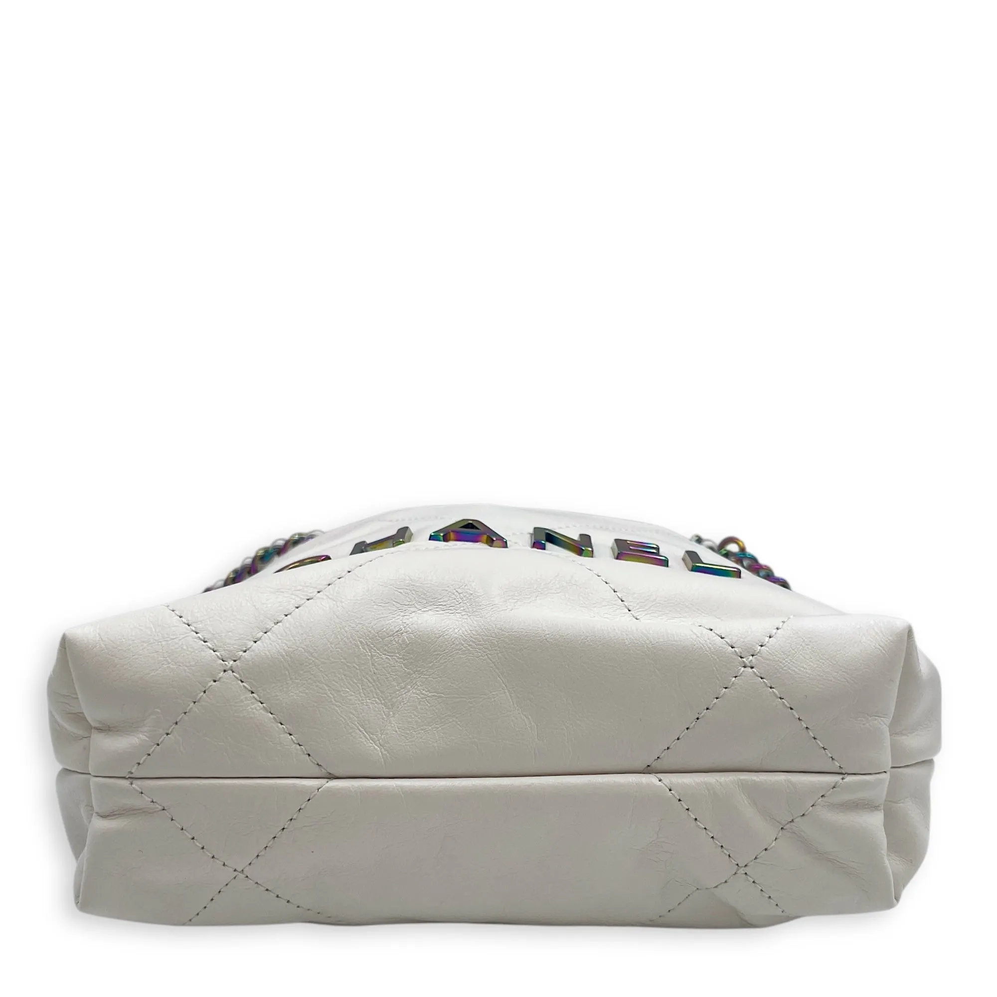 22 Mini White Tote Bag in Calfskin, Rainbow hardware