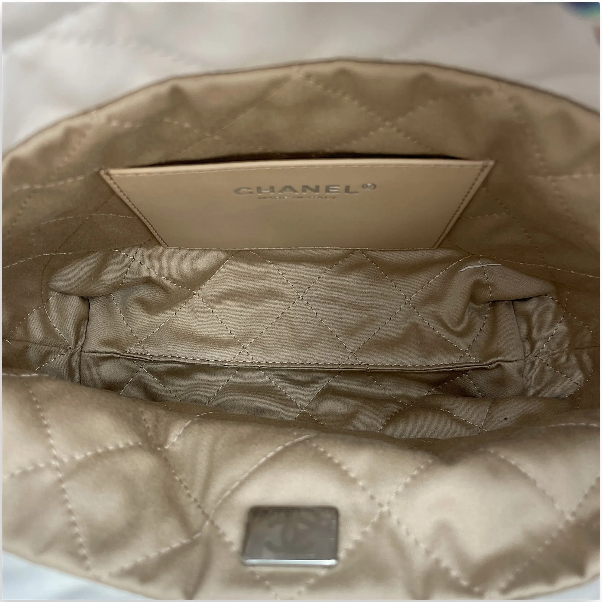 22 Mini White Tote Bag in Calfskin, Rainbow hardware