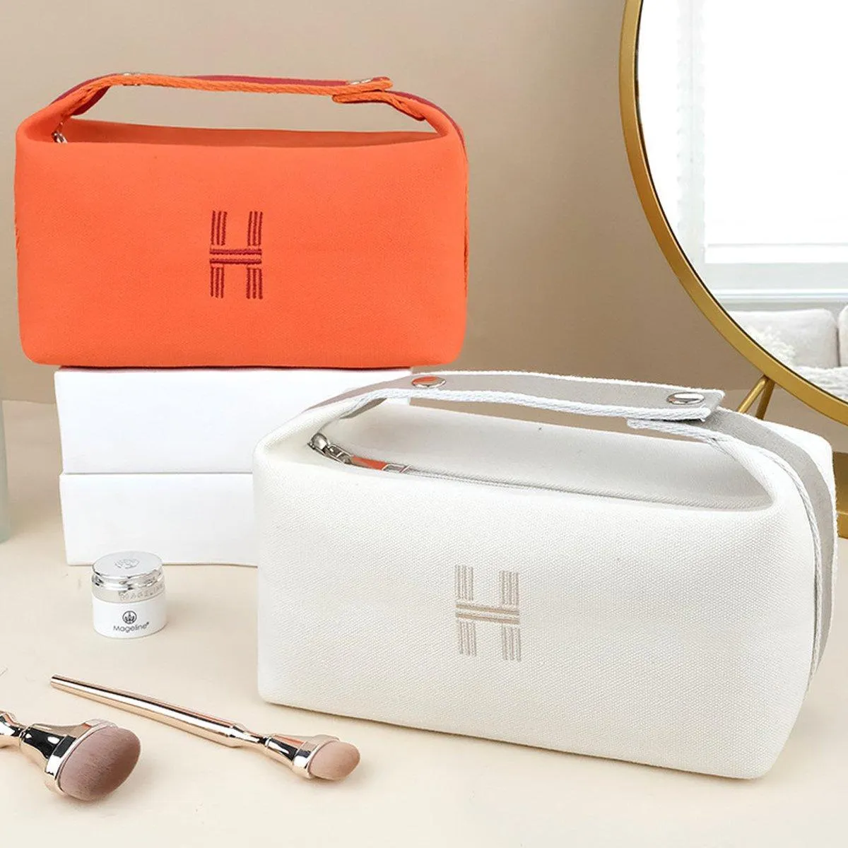 2PCS Portable Canvas Cosmetic Bag Wash Bag Travel Organizer Handbags Women Girl