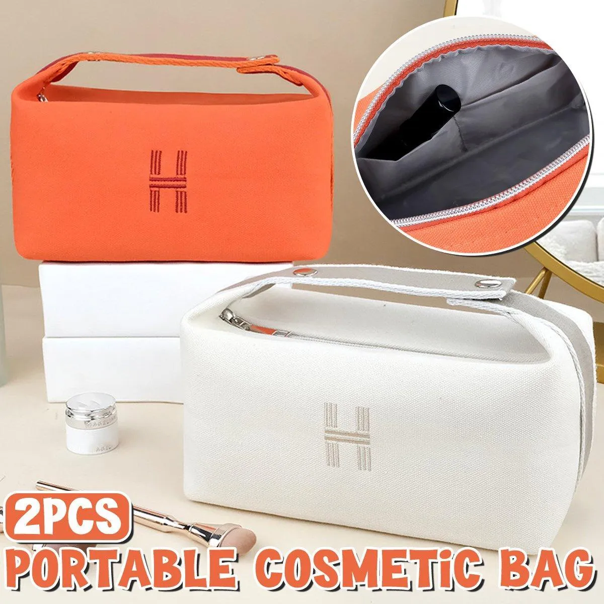 2PCS Portable Canvas Cosmetic Bag Wash Bag Travel Organizer Handbags Women Girl