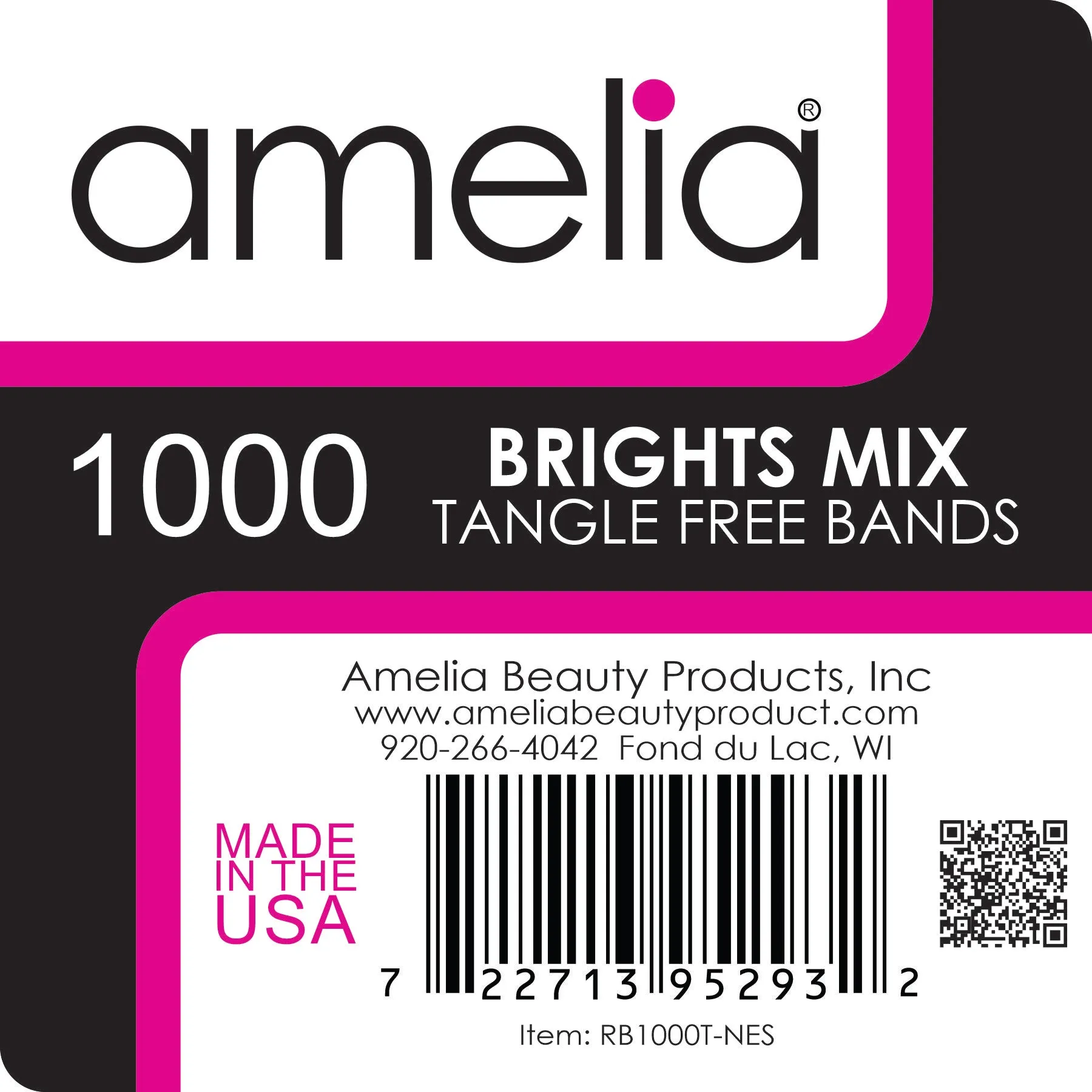 Amelia Beauty | 1/2in, Brights Neon Mix, Tangle Free Elastic Pony Tail Holders | Made in USA, Ideal for Ponytails, Braids, Twists. For Women, Girls. Pain Free, Snag Free, Easy Off | 1000 Pack