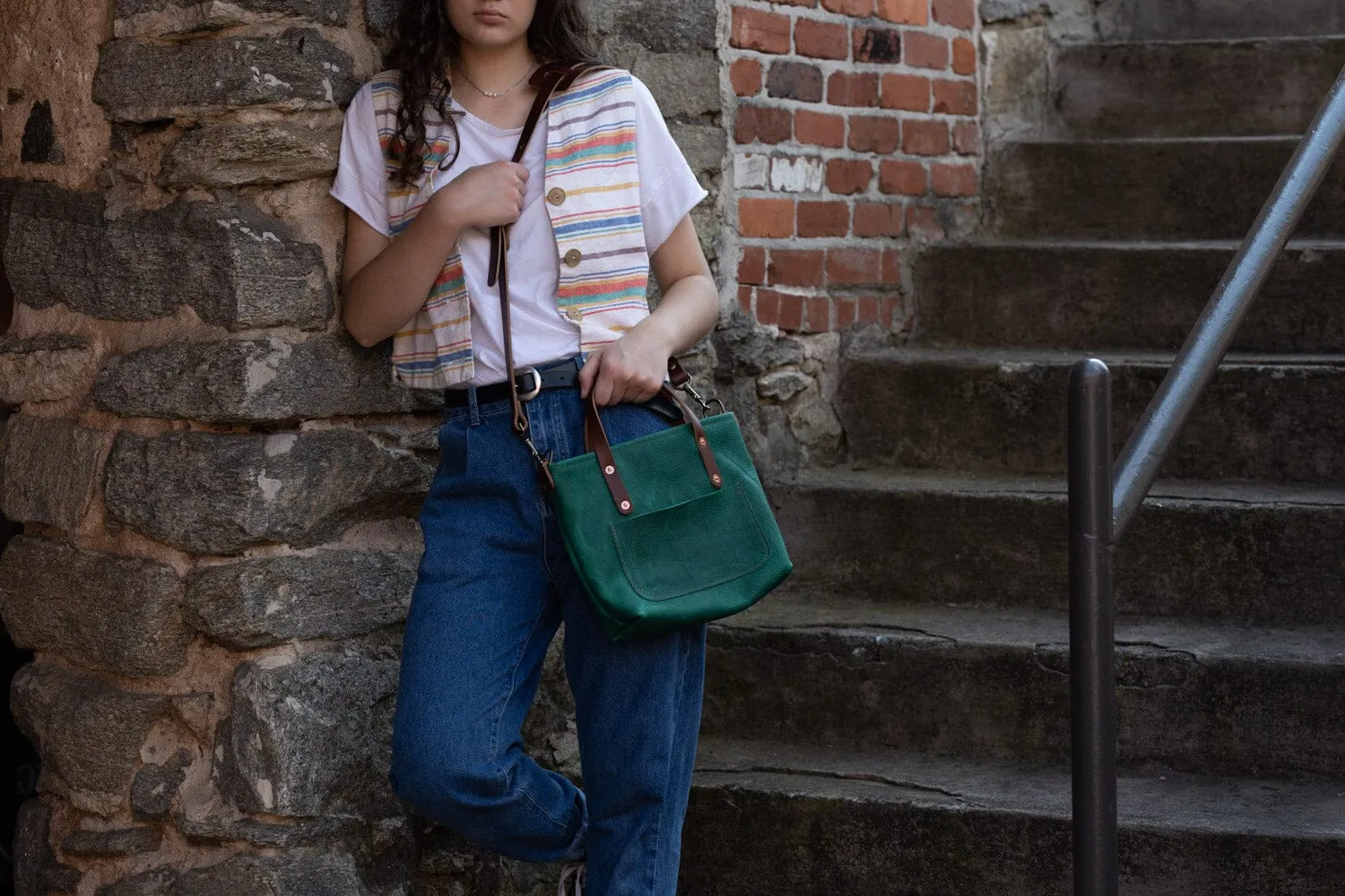 AVERY LEATHER TOTE BAG - MINI CROSSBODY - PINE GREEN BISON