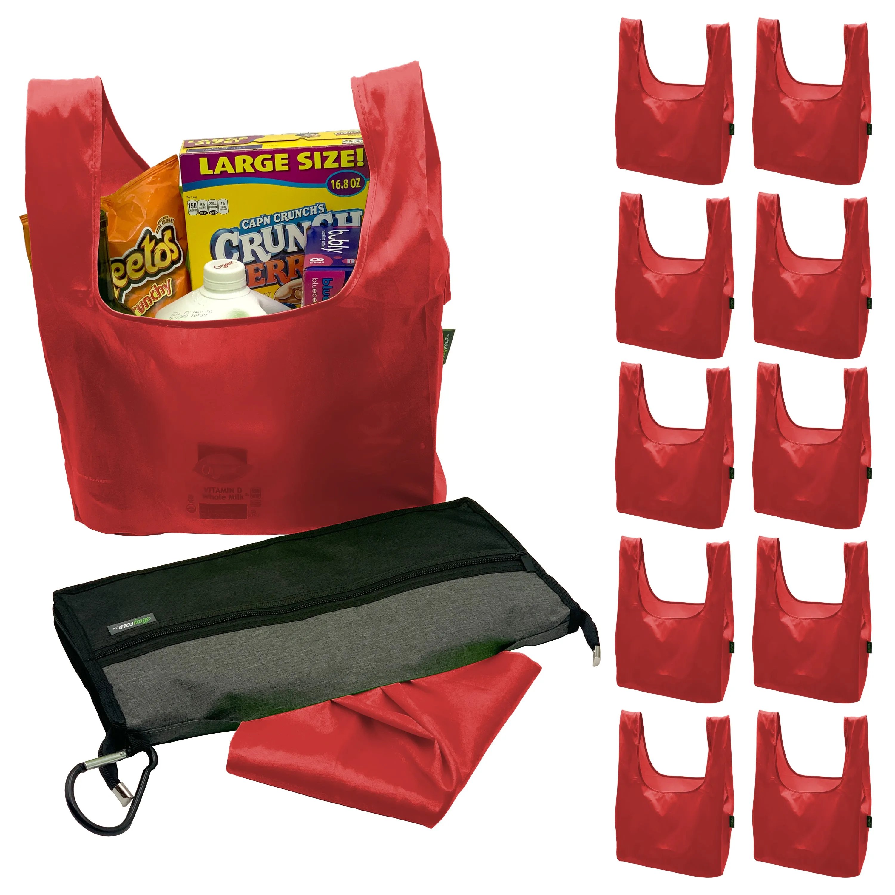 BagFold FAMILY - 10 Reusable Eco-Friendly Grocery Bags For Shopping In A Dispensing Pouch; Features Carabiner Clip & Coupon Pouch