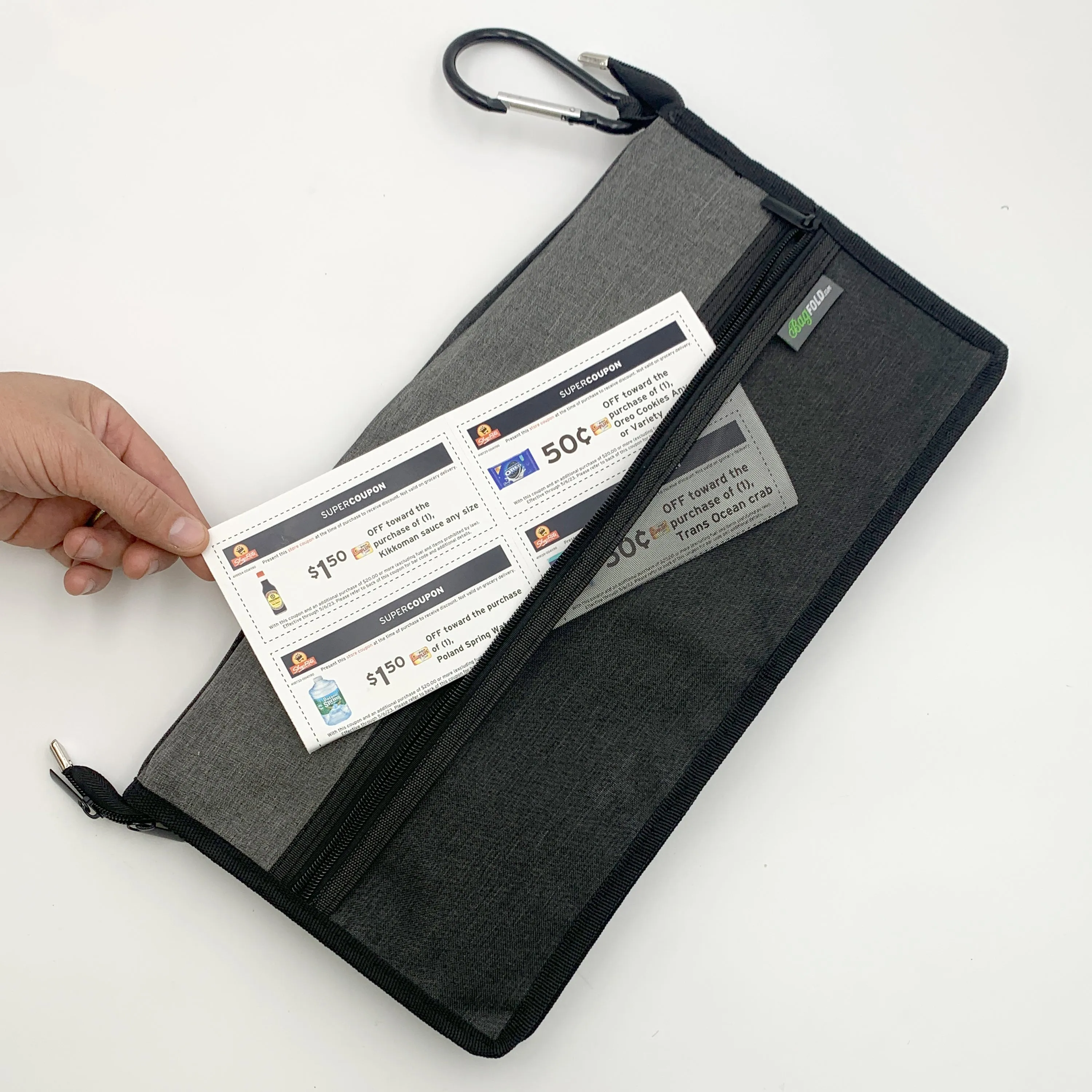 BagFold FAMILY - 10 Reusable Eco-Friendly Grocery Bags For Shopping In A Dispensing Pouch; Features Carabiner Clip & Coupon Pouch