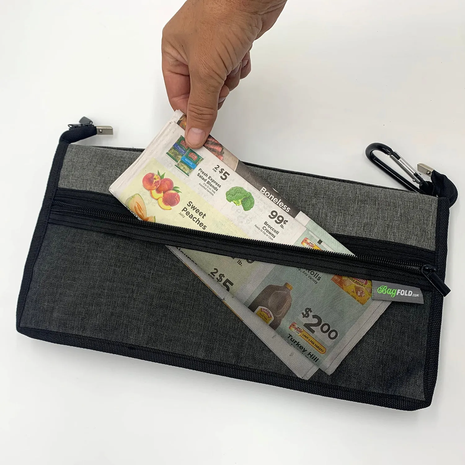 BagFold LIGHT - 10 Reusable Eco-Friendly Grocery Bags For Shopping In A Dispensing Pouch; Features Carabiner Clip & Coupon Pouch
