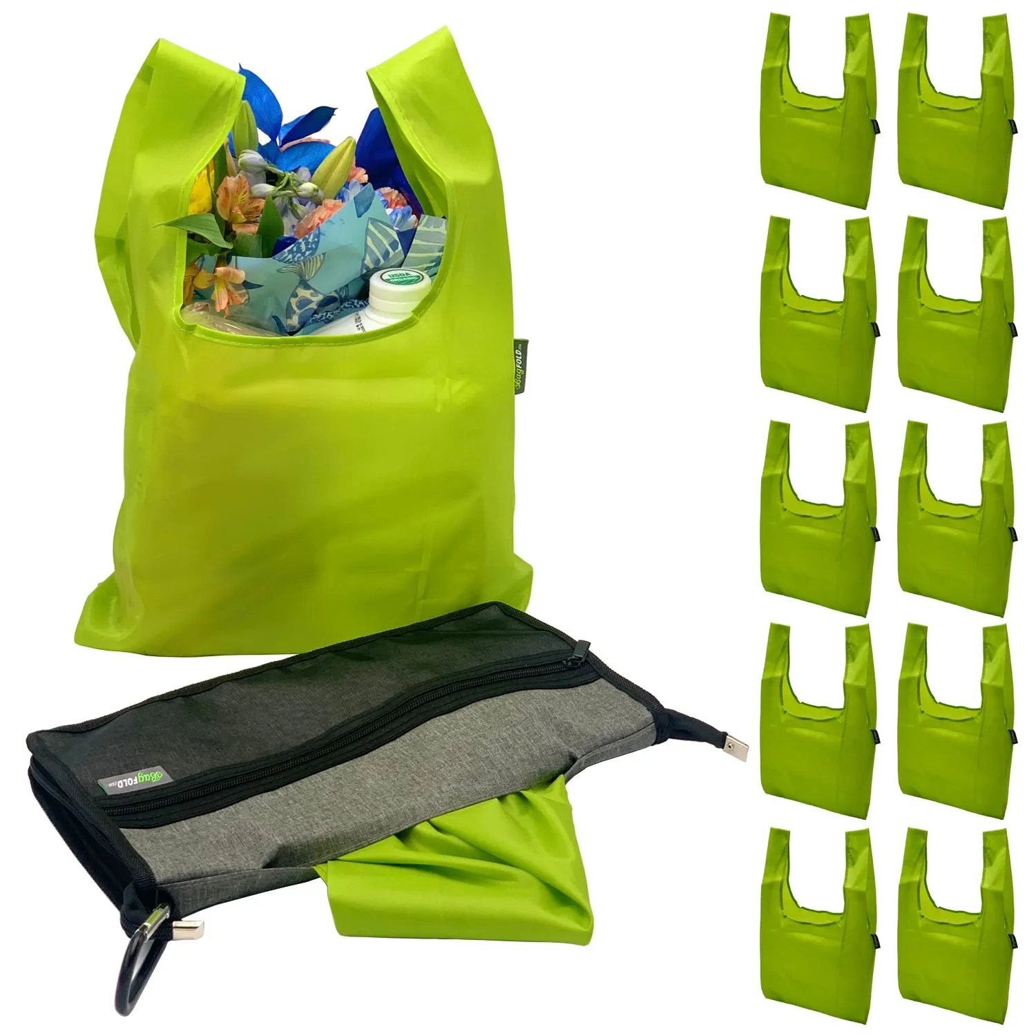 BagFold LIGHT - 10 Reusable Eco-Friendly Grocery Bags For Shopping In A Dispensing Pouch; Features Carabiner Clip & Coupon Pouch