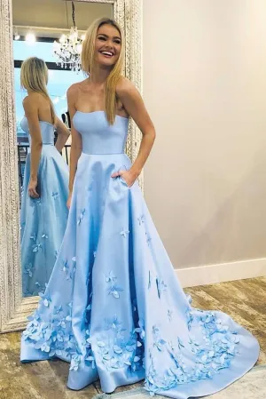 Beautiful Strapless Long Satin Light Blue Prom Dresses With Pockets