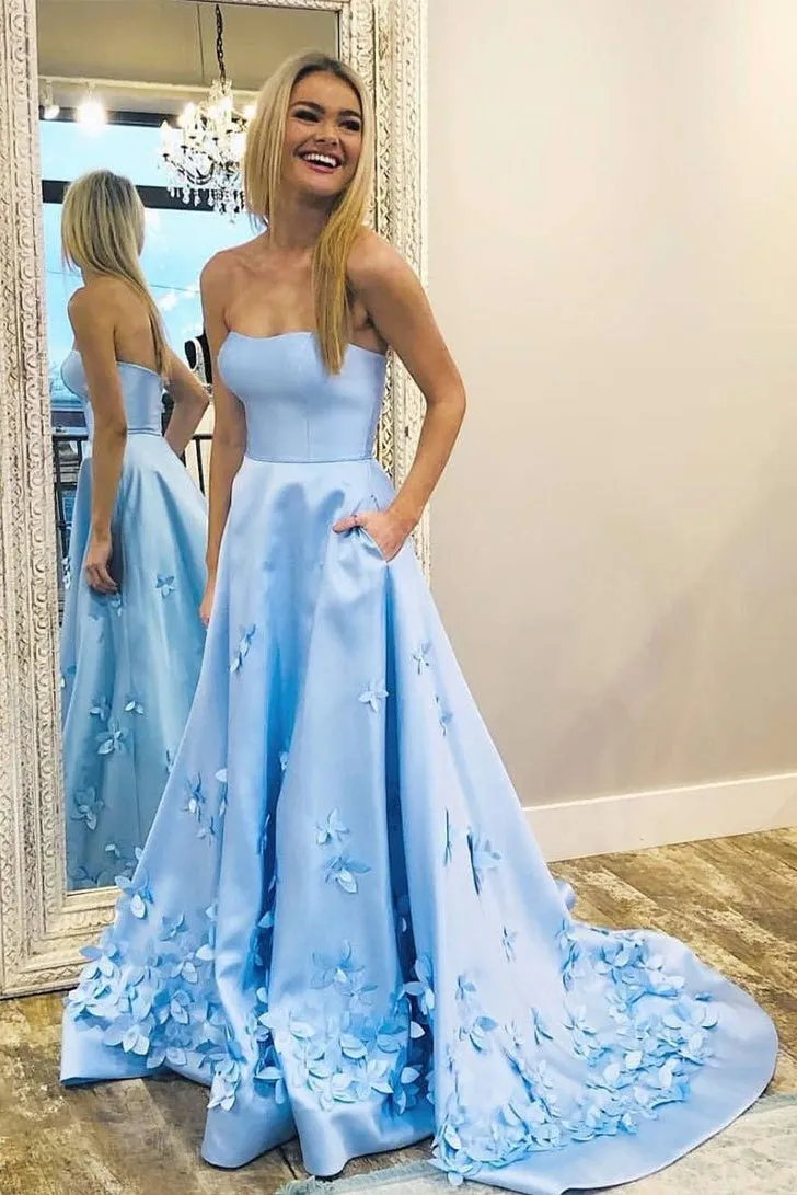 Beautiful Strapless Long Satin Light Blue Prom Dresses With Pockets