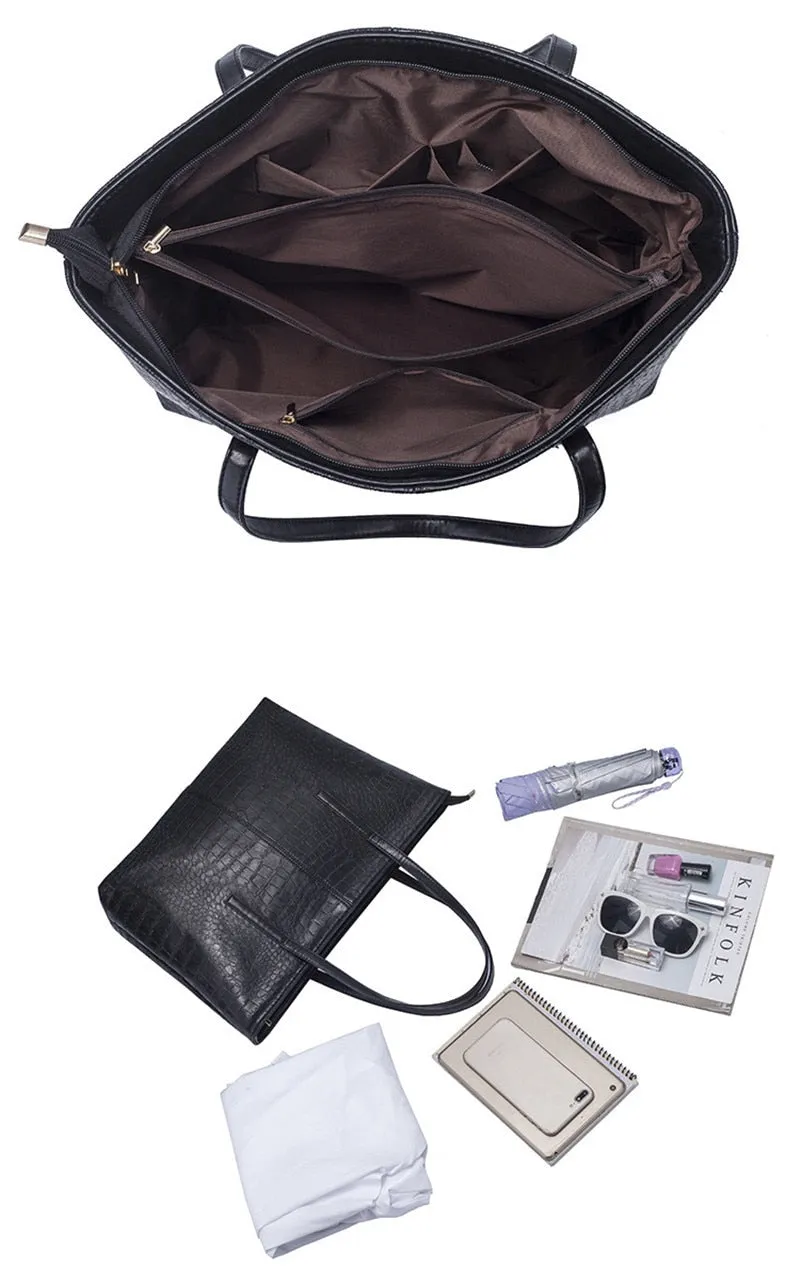 Black Crocodile Handbag / Straight Weave PU Leather Female Big Tote Bag