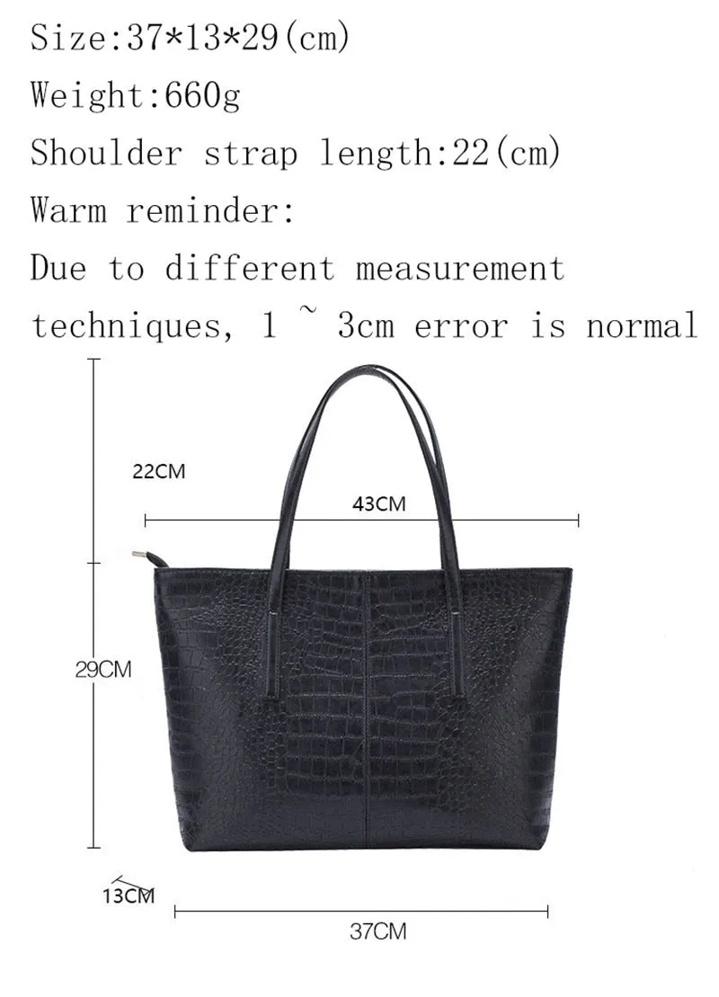 Black Crocodile Handbag / Straight Weave PU Leather Female Big Tote Bag