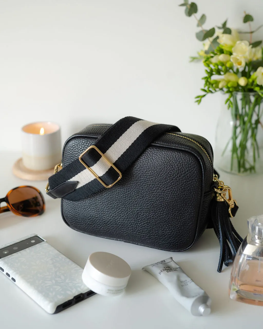 Black Leather Tassel Cross Body Bag