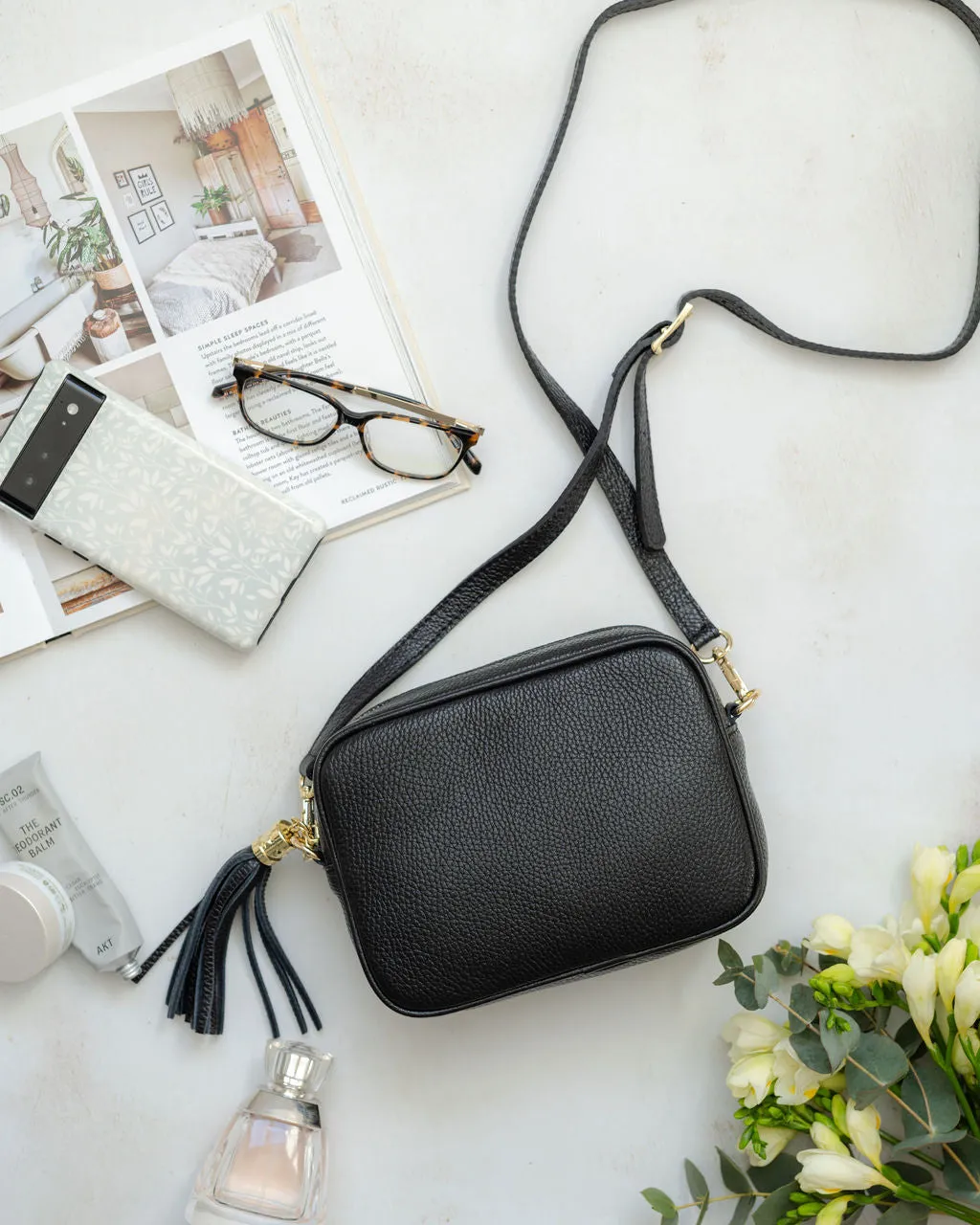 Black Leather Tassel Cross Body Bag