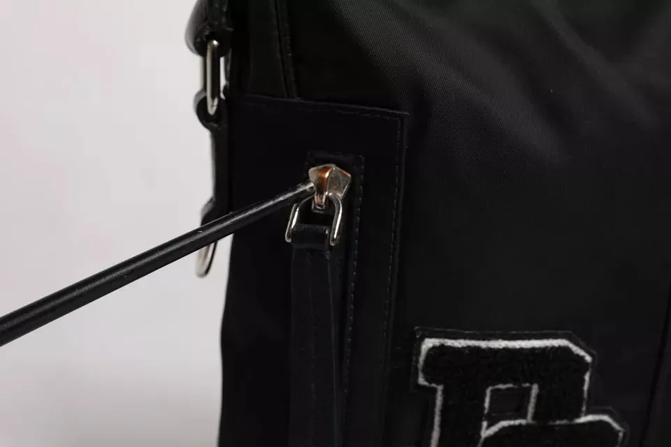 Black Nylon Leather DG Patch Messenger Crossbody Bag