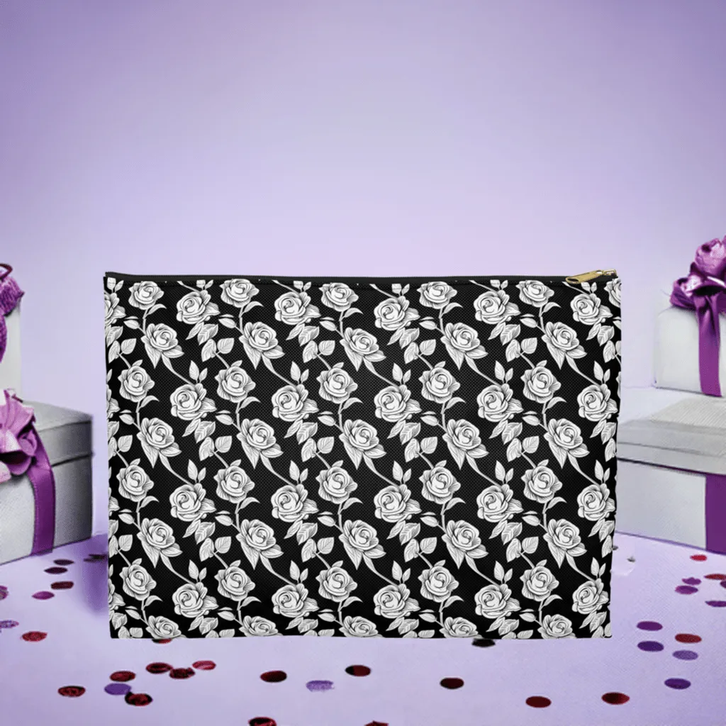 Black With White Roses Cosmetic Travel Bag