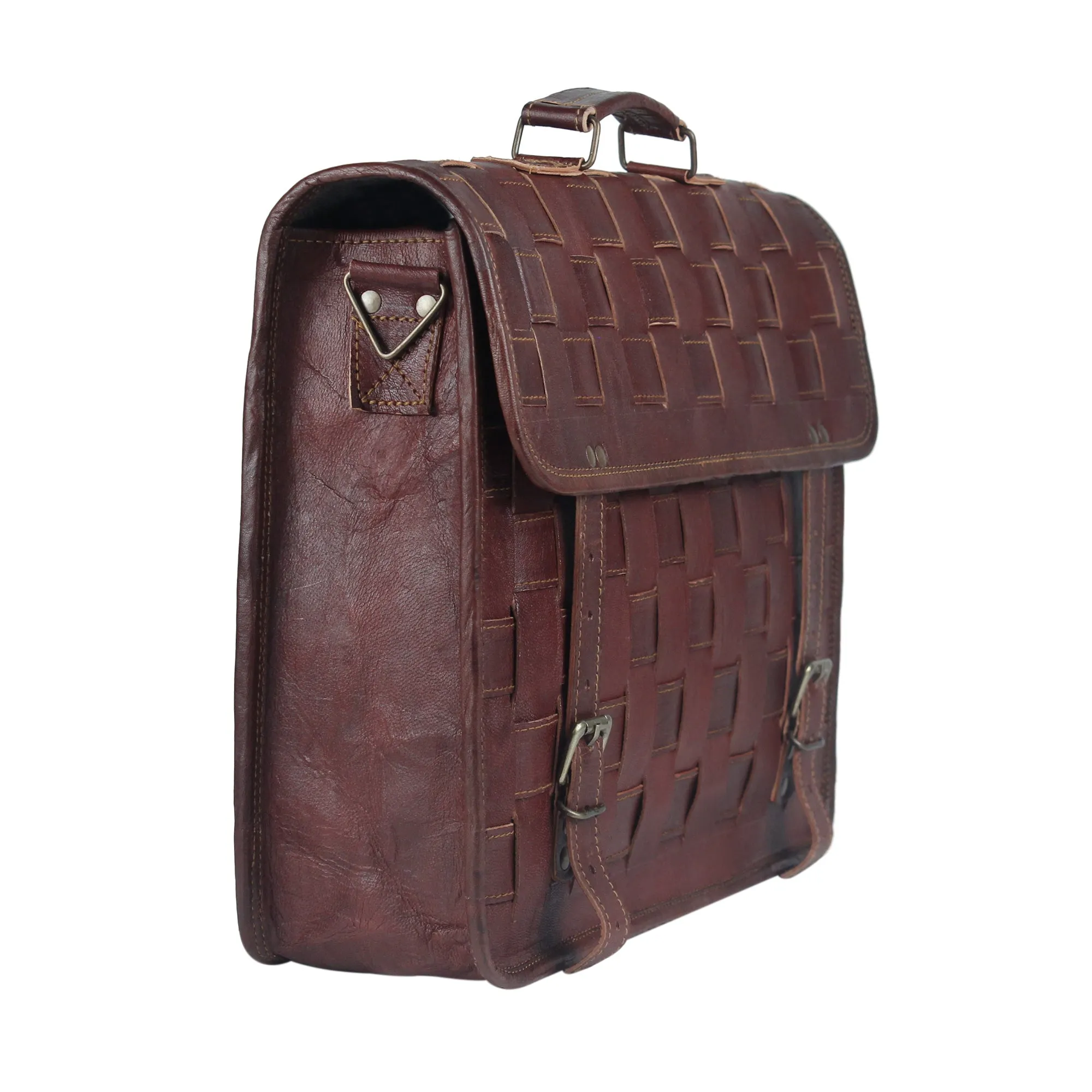 Brown Checkered Leather Messenger Bag