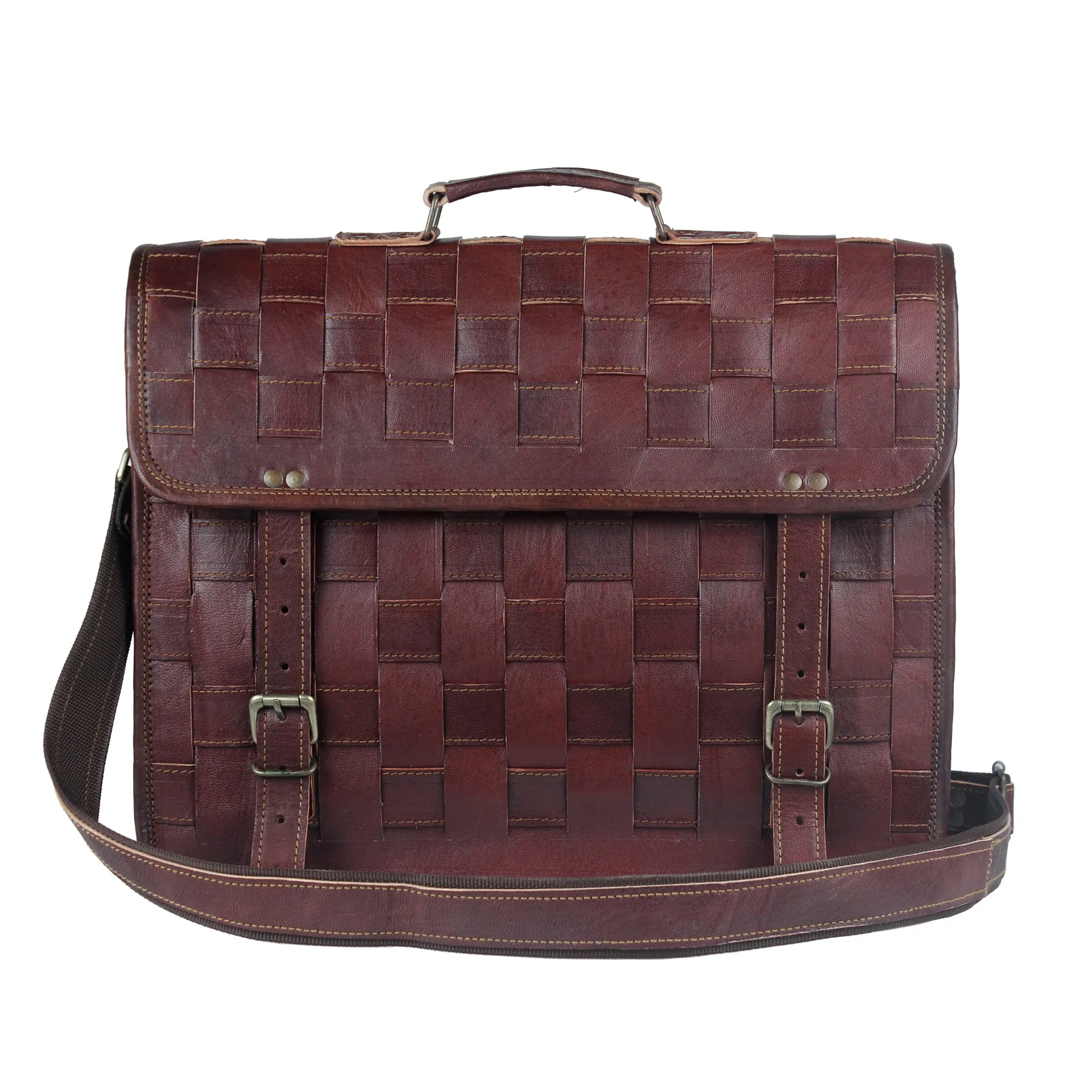 Brown Checkered Leather Messenger Bag