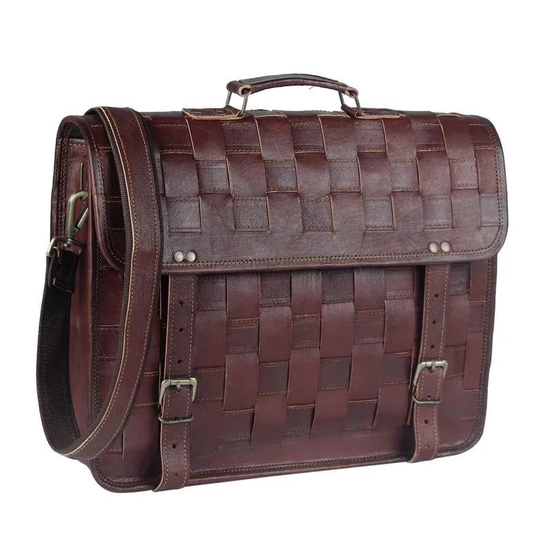 Brown Checkered Leather Messenger Bag