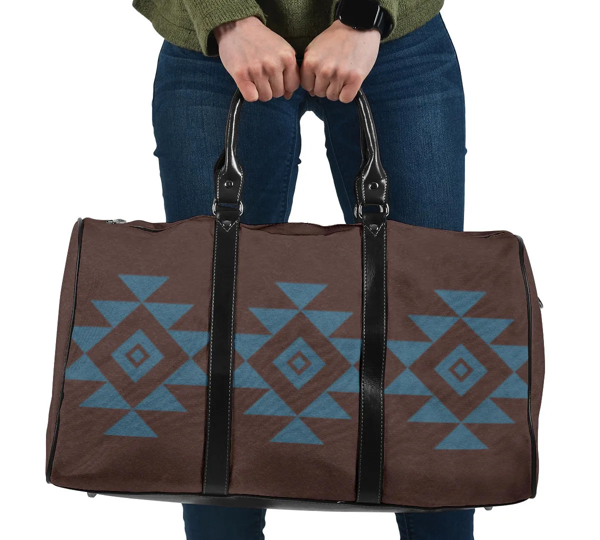 Brown Faux Suede and Blue Tribal Design Travel Bag Duffel With Black Faux Leather Handles