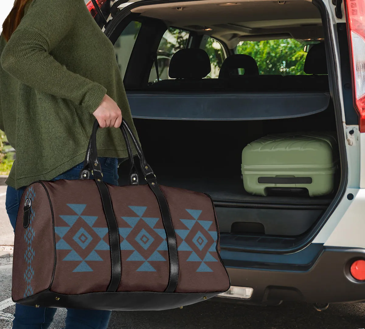 Brown Faux Suede and Blue Tribal Design Travel Bag Duffel With Black Faux Leather Handles