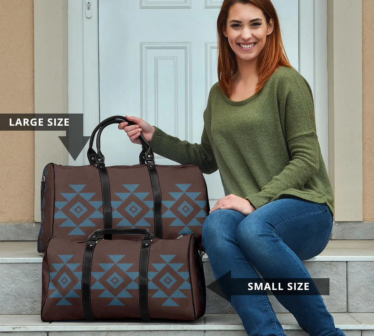 Brown Faux Suede and Blue Tribal Design Travel Bag Duffel With Black Faux Leather Handles