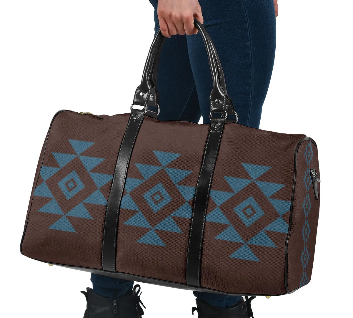 Brown Faux Suede and Blue Tribal Design Travel Bag Duffel With Black Faux Leather Handles