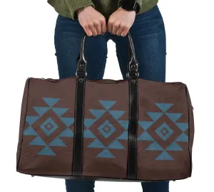 Brown Faux Suede and Blue Tribal Design Travel Bag Duffel With Black Faux Leather Handles
