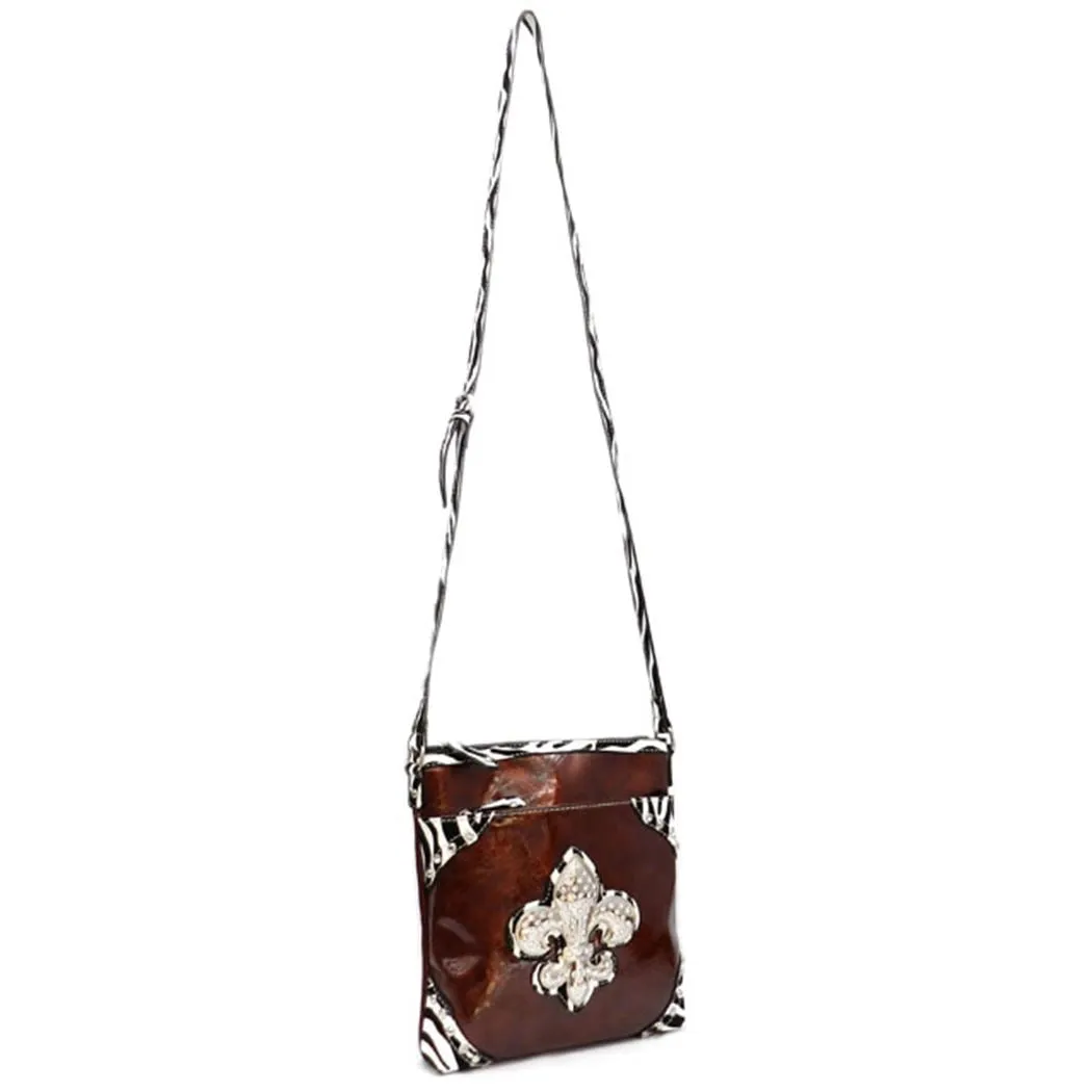 Brown Fleur De Lis zebra print crossbody Messenger Bag pockets Designer Inspired