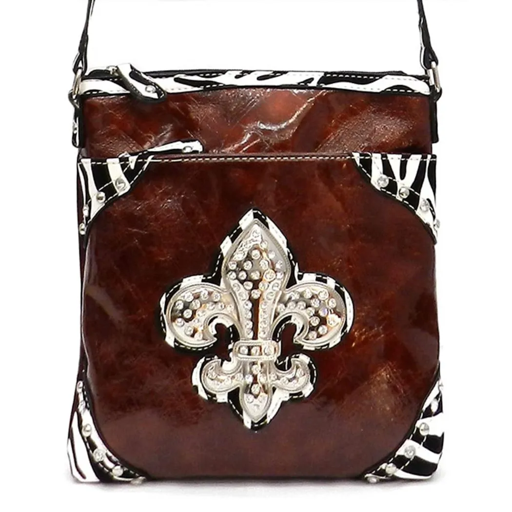 Brown Fleur De Lis zebra print crossbody Messenger Bag pockets Designer Inspired