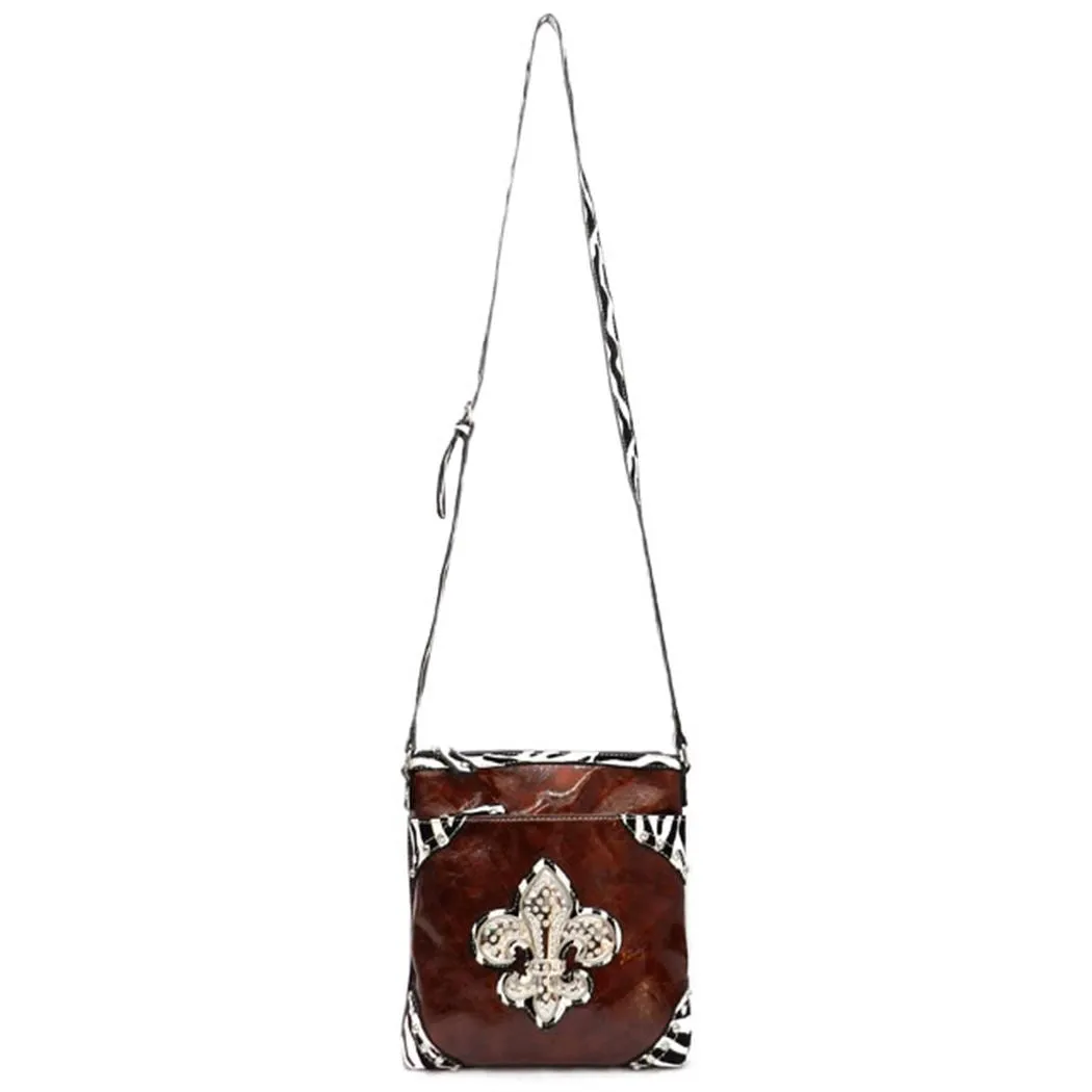 Brown Fleur De Lis zebra print crossbody Messenger Bag pockets Designer Inspired