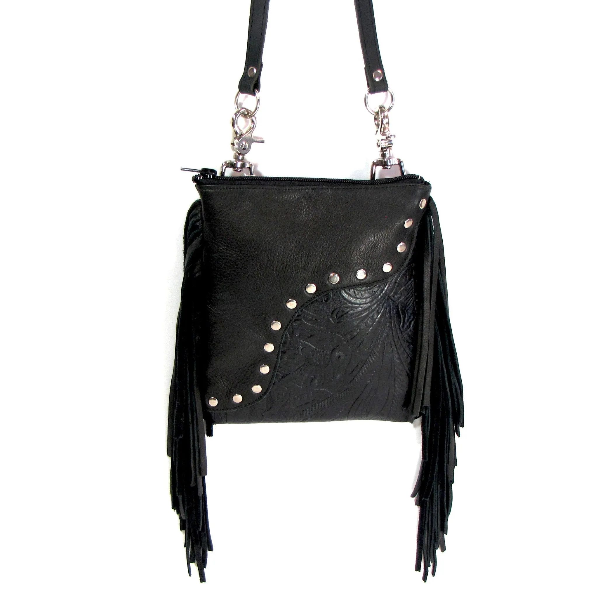 BSF74  Fringed Studded Floral Print Hip Bag- Black