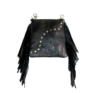 BSF74  Fringed Studded Floral Print Hip Bag- Black