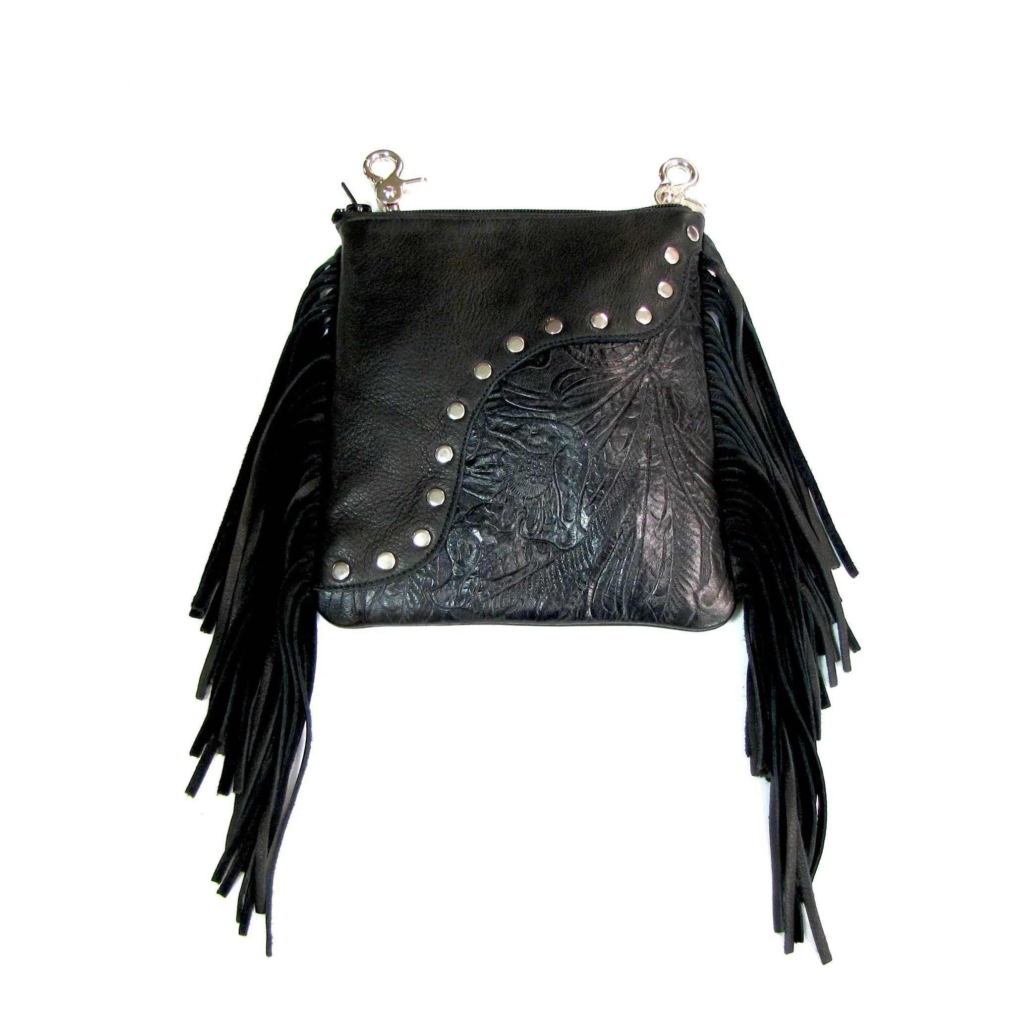 BSF74  Fringed Studded Floral Print Hip Bag- Black