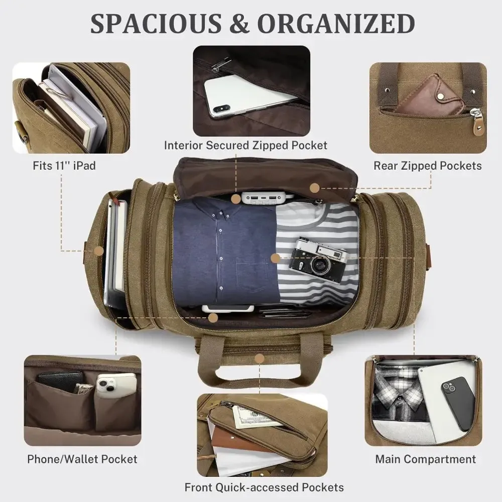 Canvas Duffel Bag with 50L Capacity and Multiple Compartments