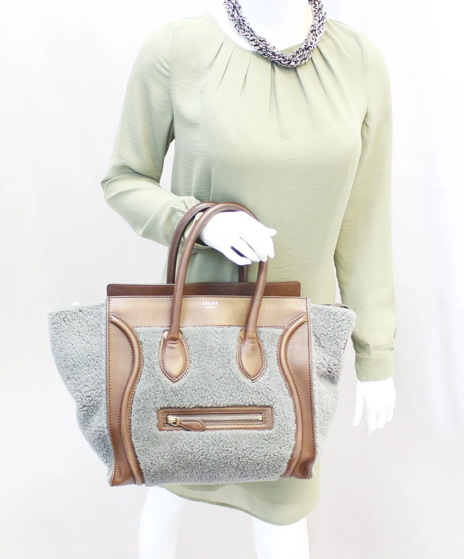 CELINE Grey Shearling Brown Leather Mini Luggage Tote Bag
