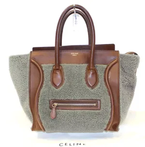 CELINE Grey Shearling Brown Leather Mini Luggage Tote Bag