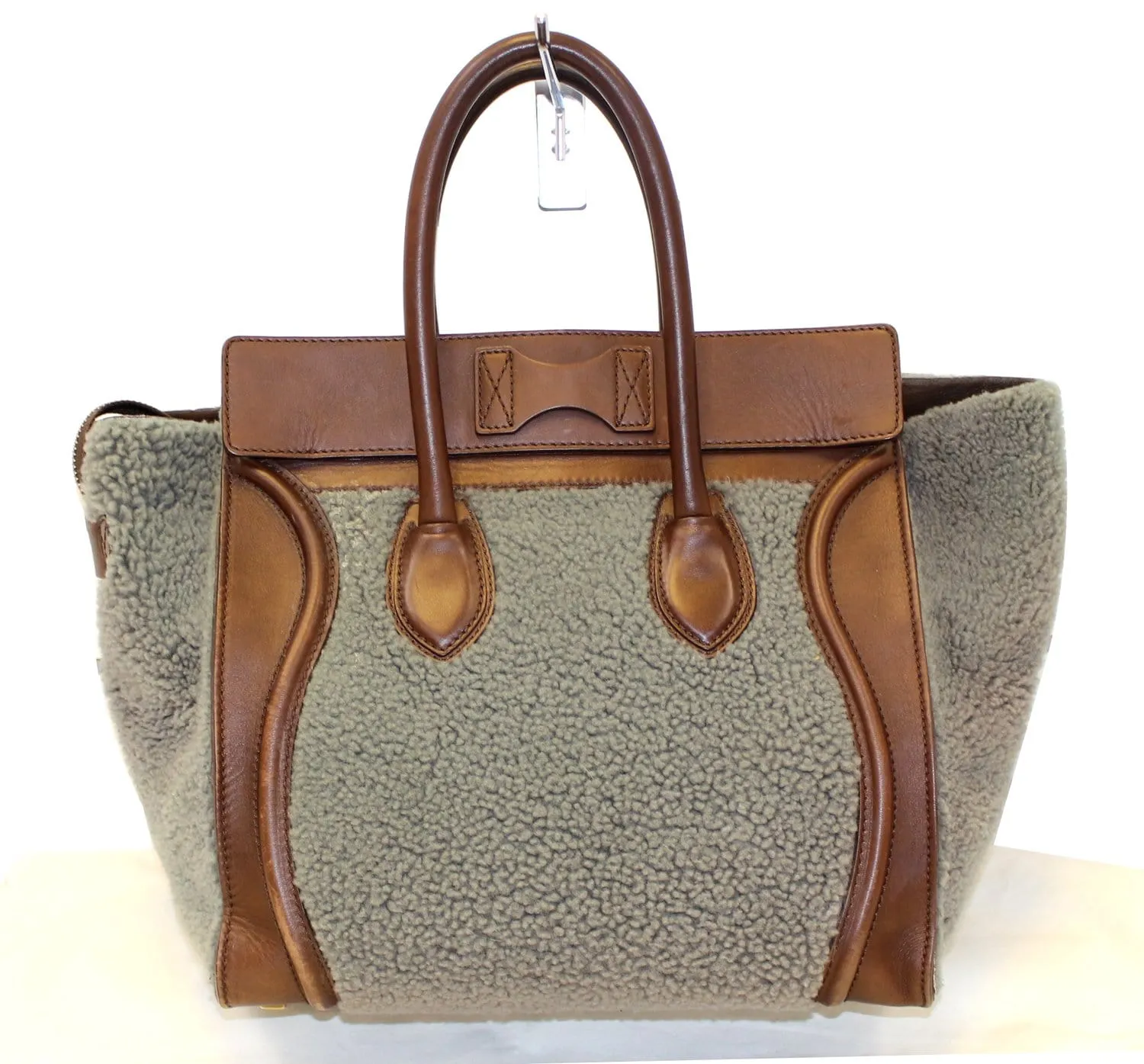 CELINE Grey Shearling Brown Leather Mini Luggage Tote Bag