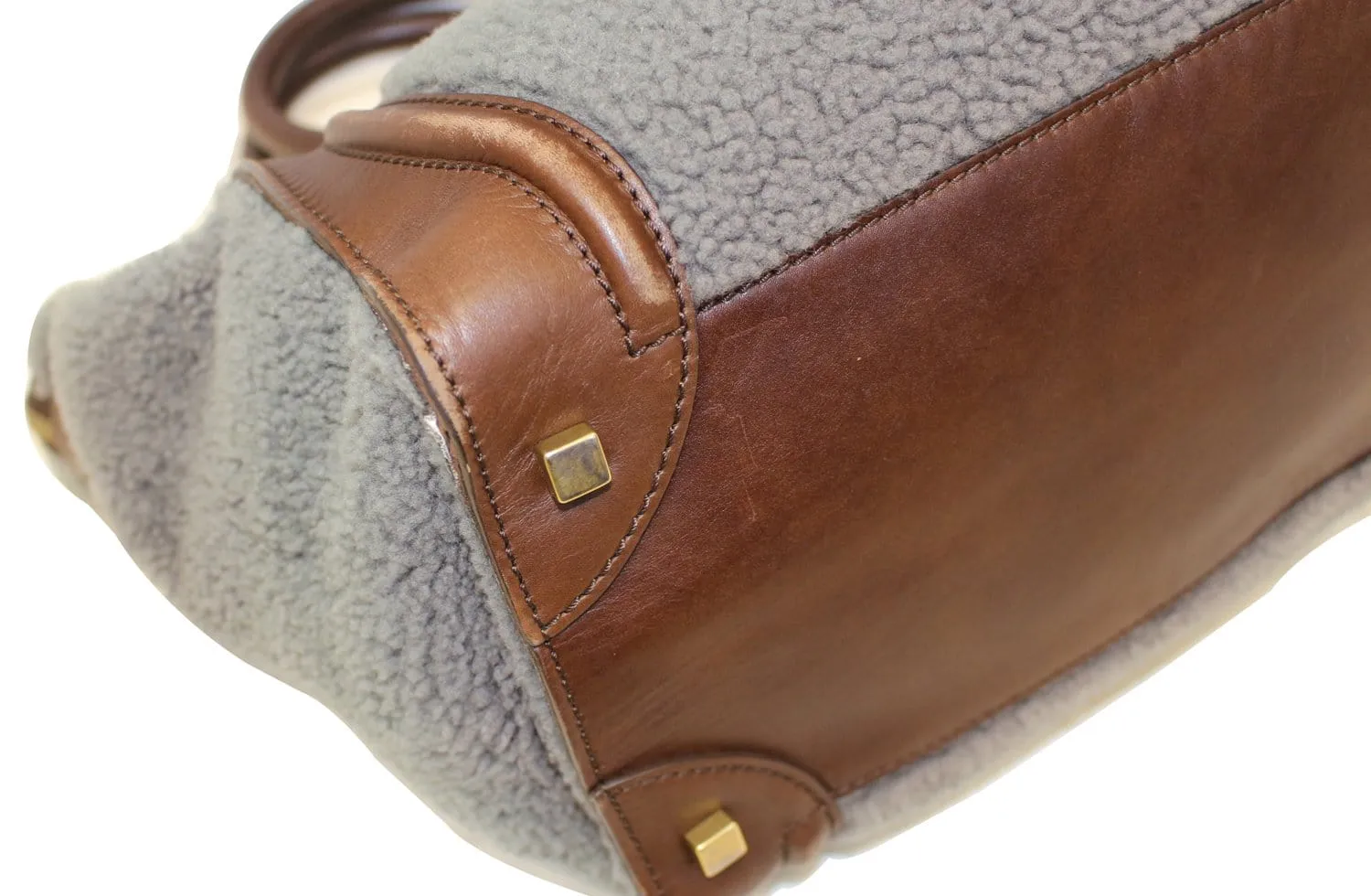 CELINE Grey Shearling Brown Leather Mini Luggage Tote Bag