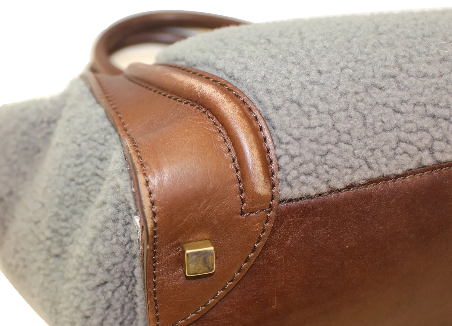 CELINE Grey Shearling Brown Leather Mini Luggage Tote Bag
