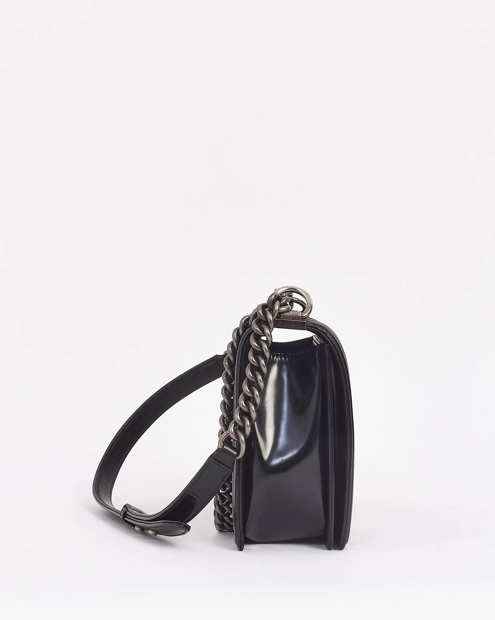 Chanel Black Smooth Glossy Leather Large Boy Bag