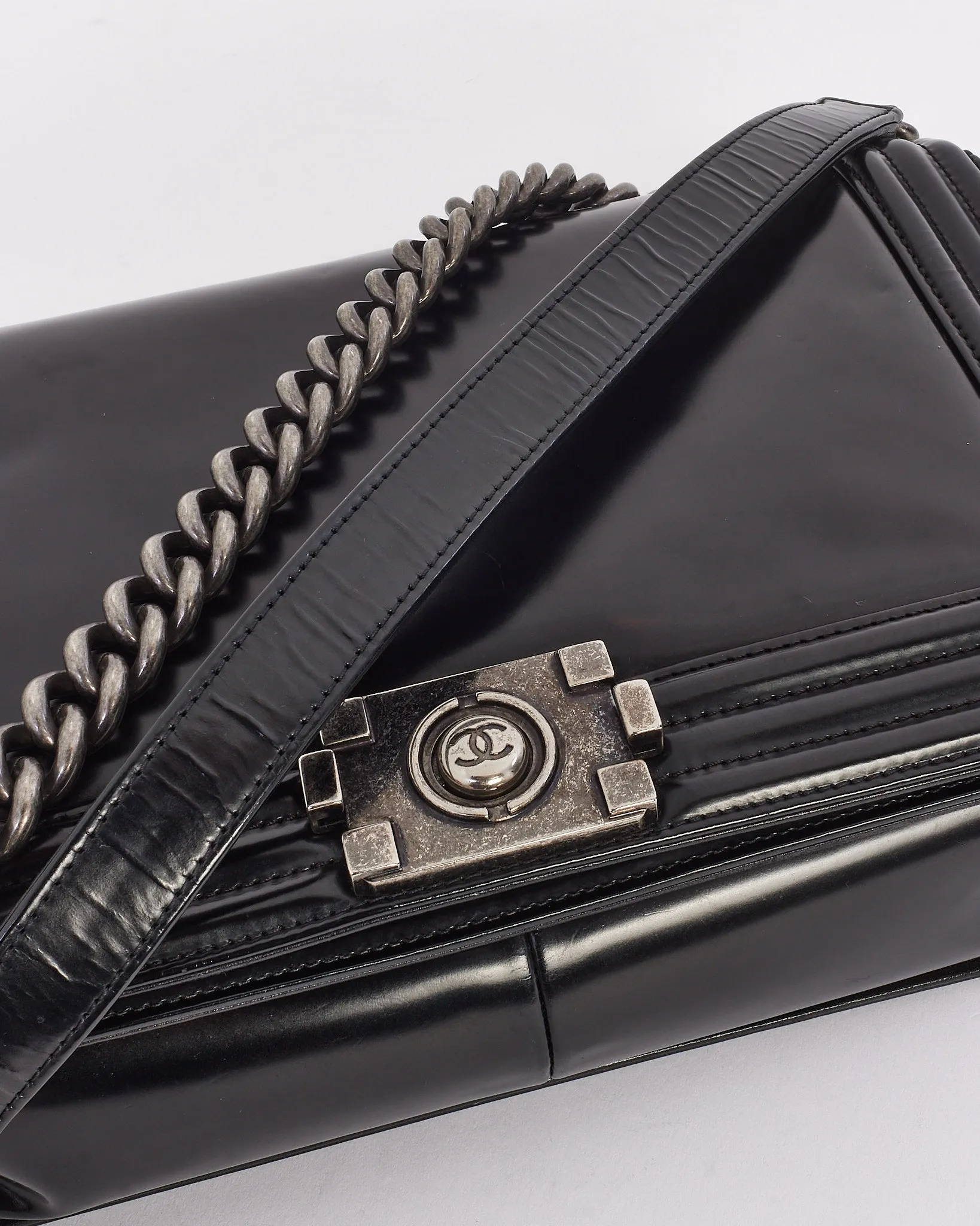 Chanel Black Smooth Glossy Leather Large Boy Bag