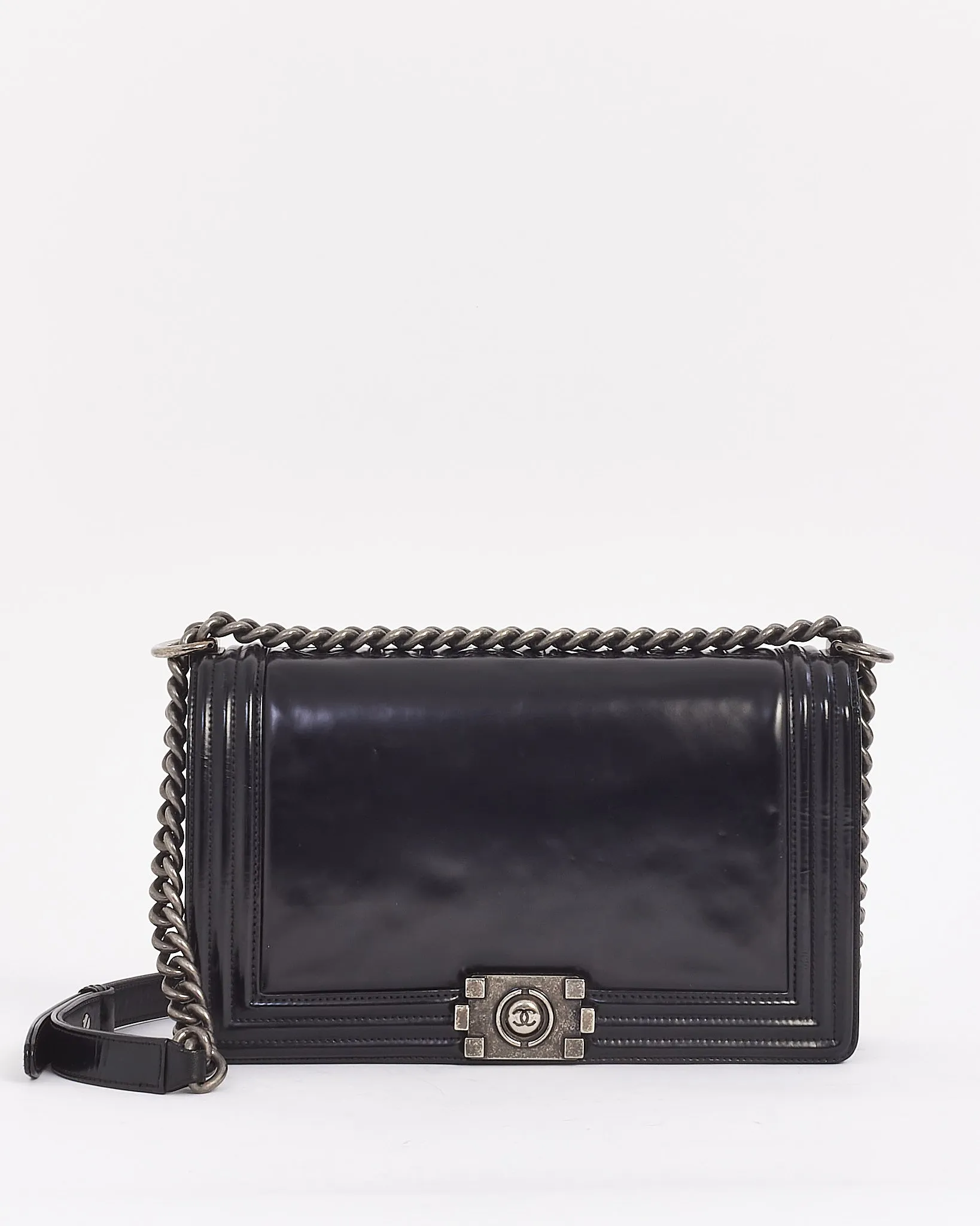 Chanel Black Smooth Glossy Leather Large Boy Bag