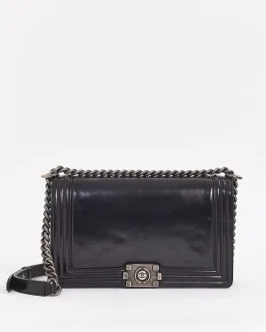Chanel Black Smooth Glossy Leather Large Boy Bag