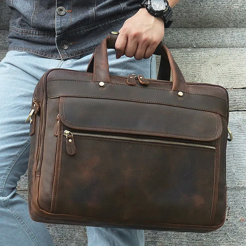 Crazy Horse Leather Briefcase High-Quality Leather Messenger Bags Men's Large Travel Shoulder Bag