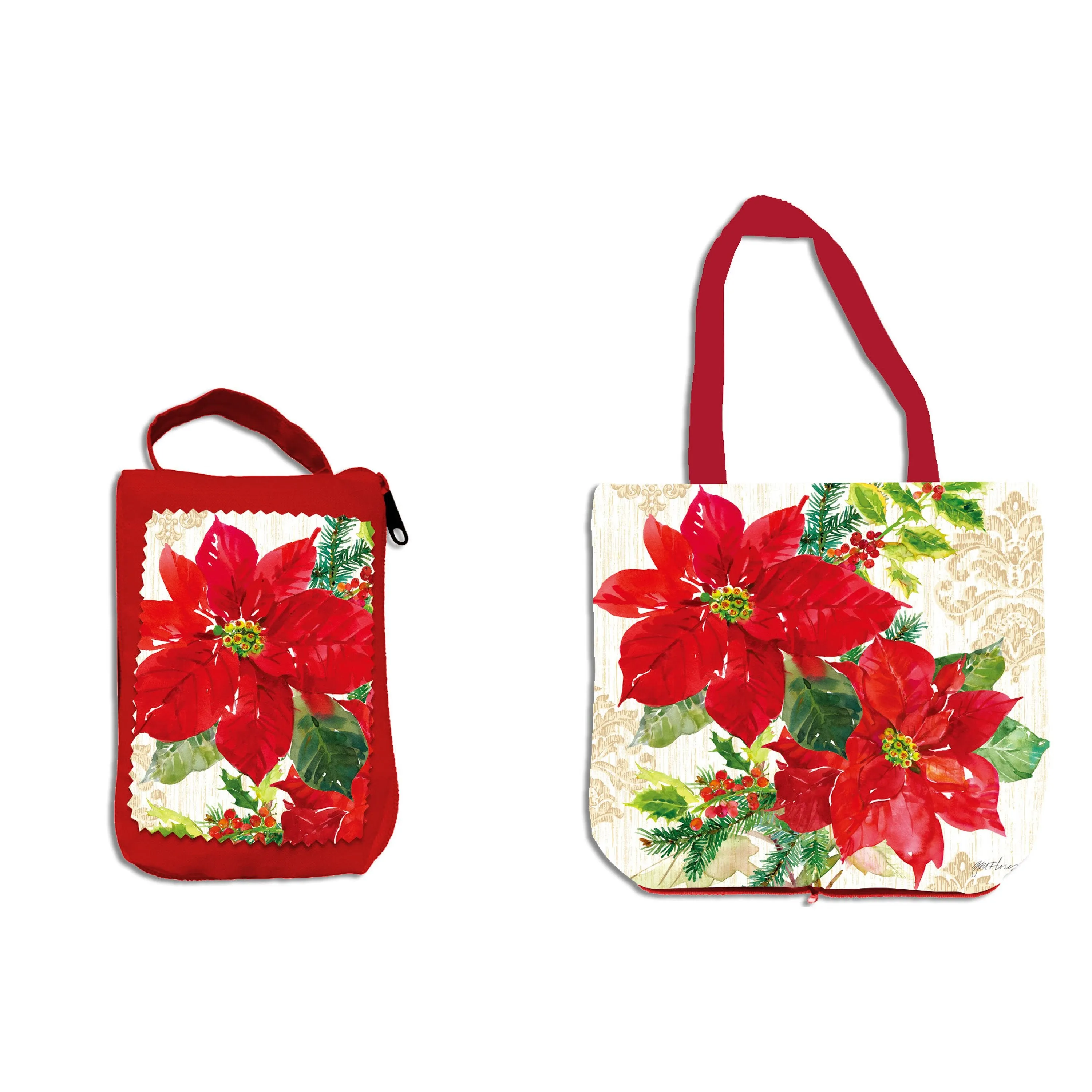 Evergreen Gifts,Gilded Poinsettia Compact Tote Bag,15x0.1x14 Inches