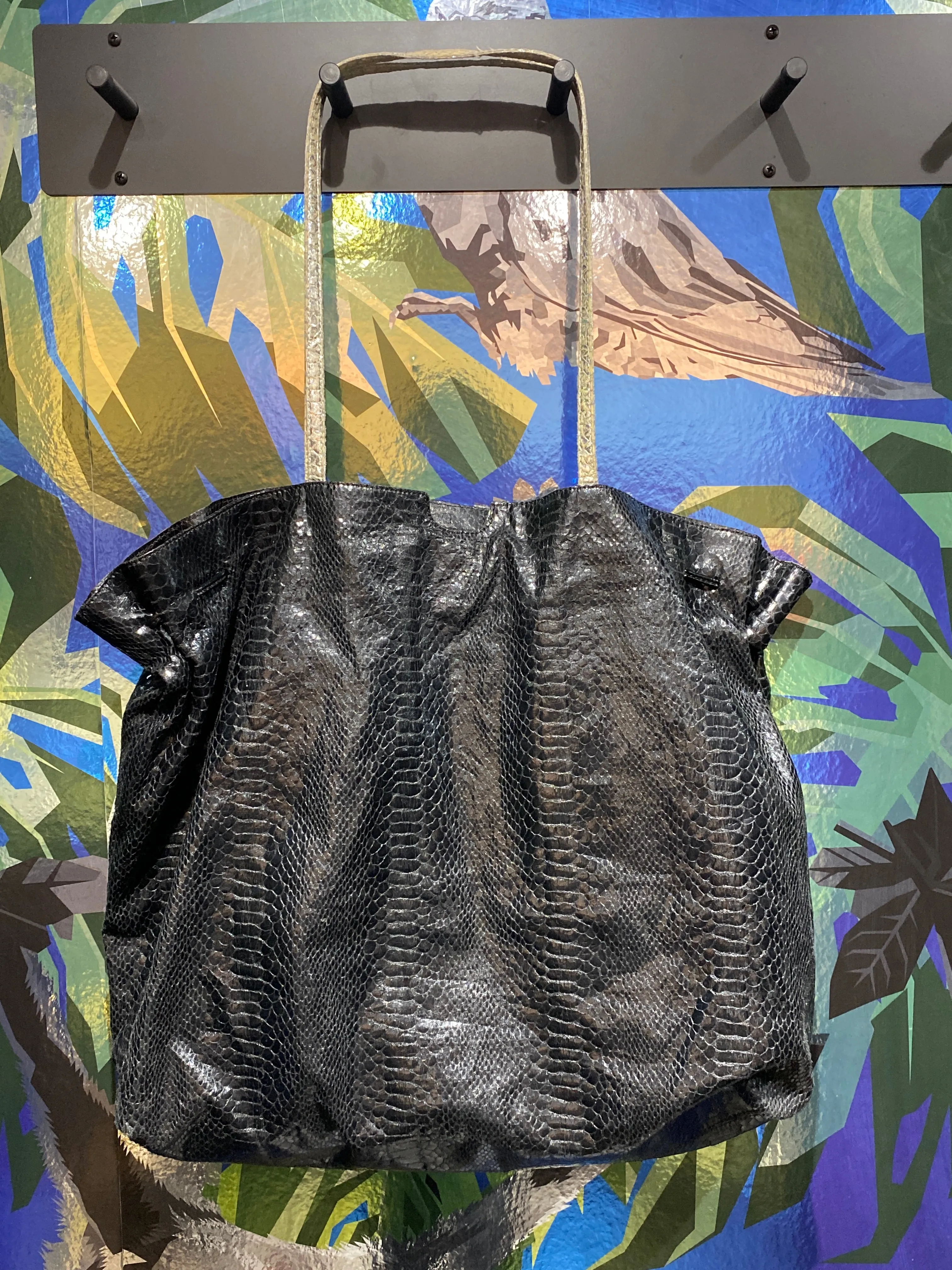 Fatto a Mano by Carols Falchi Black Snakeskin Tote Bag with Silver Handles