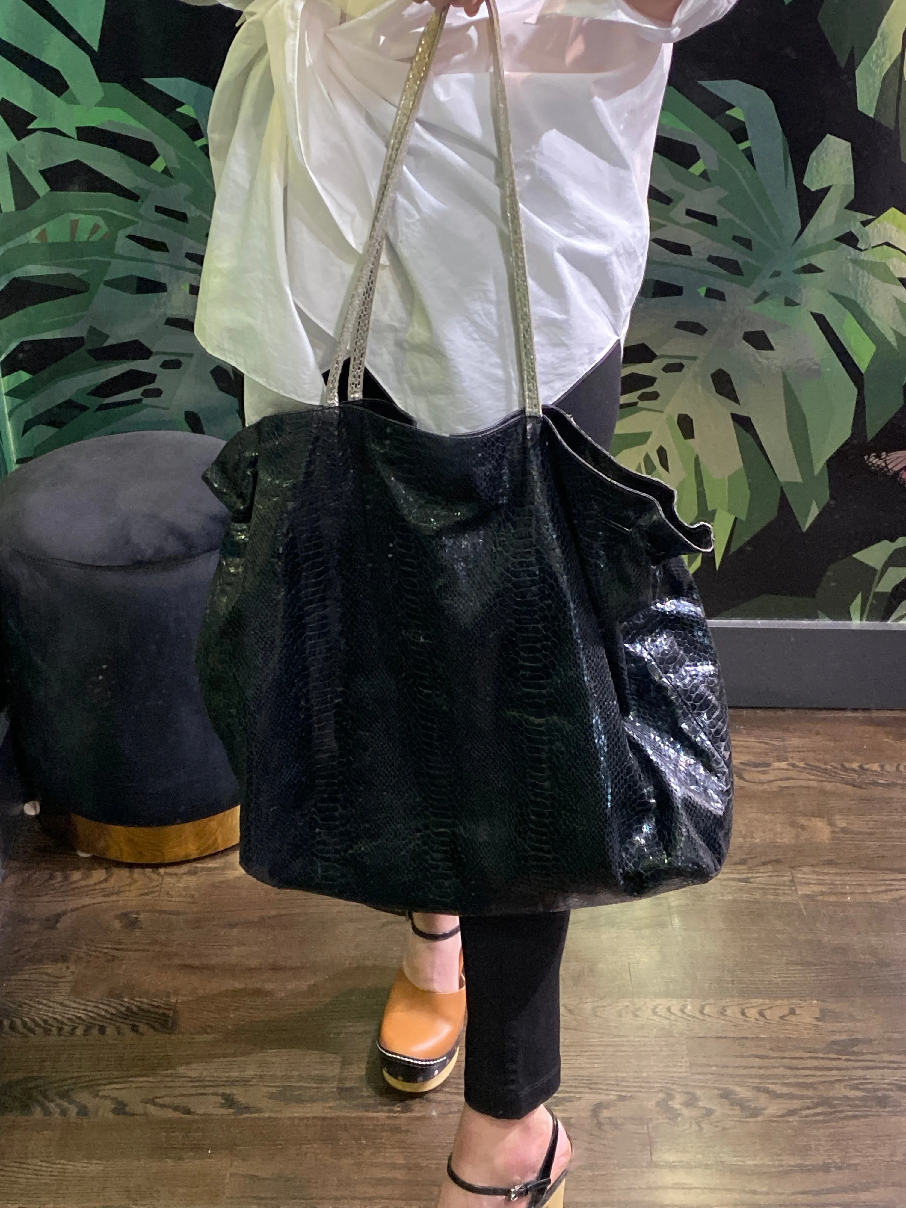 Fatto a Mano by Carols Falchi Black Snakeskin Tote Bag with Silver Handles